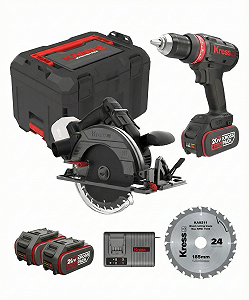 Комплект пила циркулярна акумуляторна Kress KUE15 20V BL / 185мм / 65мм пропил / 5500 об/хв + дриль-шуруповерт Kress KUA72.91 / 20V / 65 Нм / Безщітковий / Чорна - Фото 1
