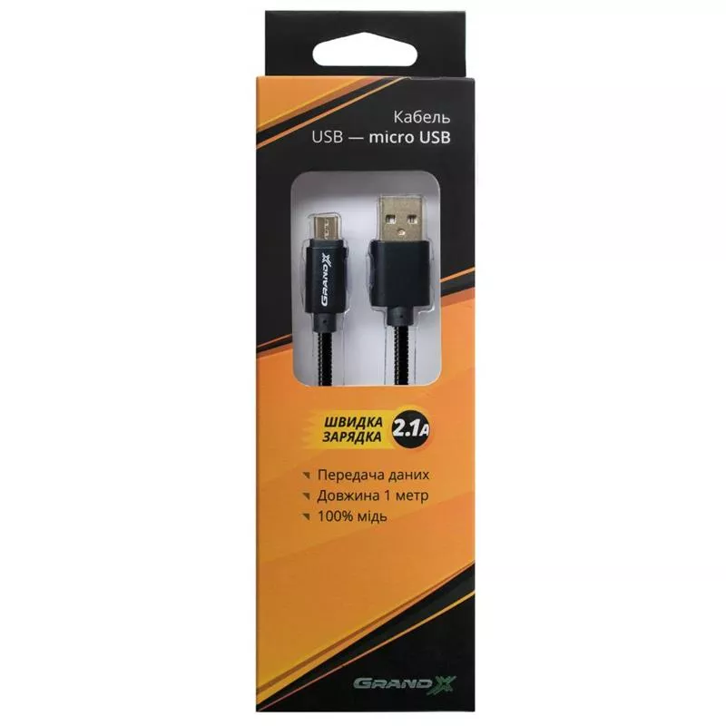 Кабель Grand-X USB-microUSB 2.1A, 1м CU защита метал оплетка Black (MM-01B), упаковка гифтбокс с окном, фото №3