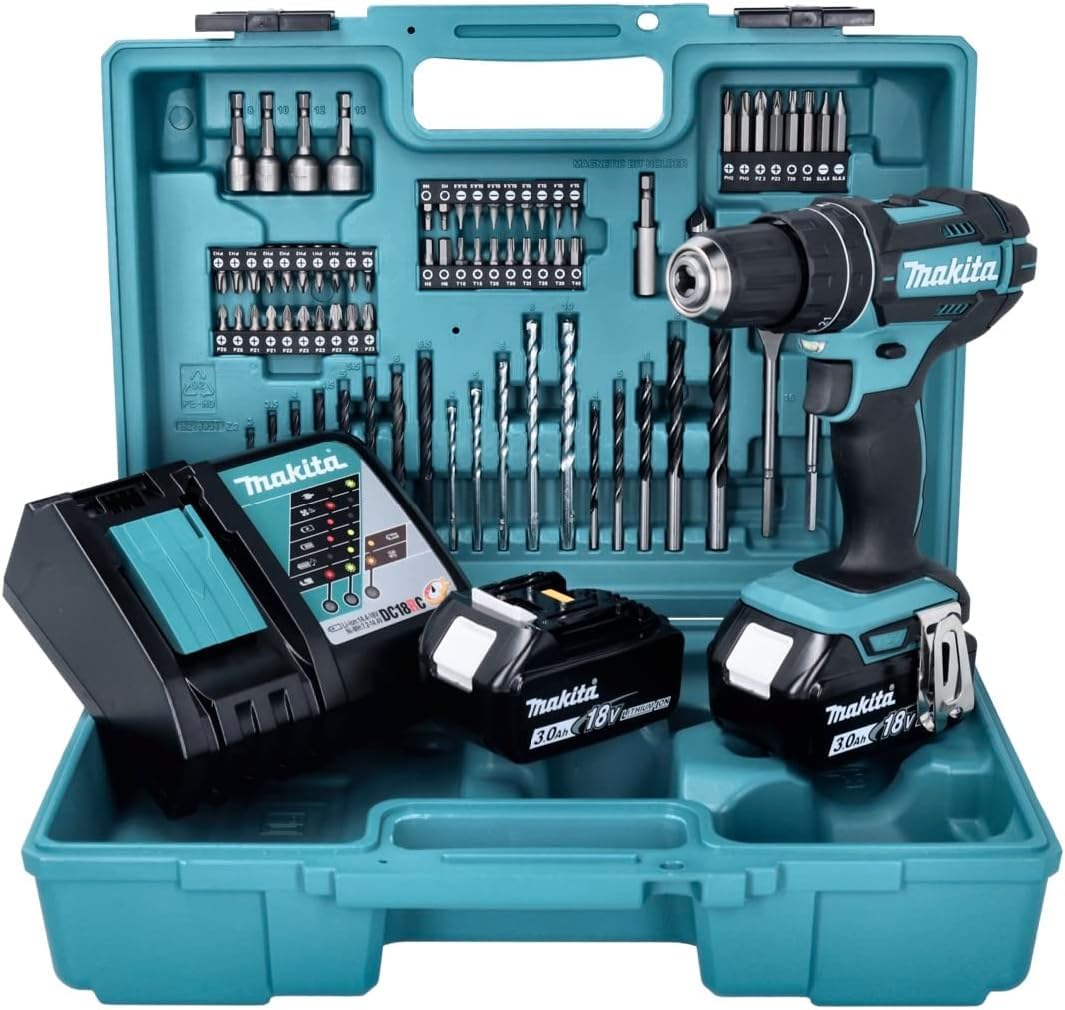 Шурупокрут Makita DHP482RFX1 Ударний Акумуляторний 18 В 3.0 Аг Li-Ion з 2-гій батареєю Зарядний пристрій Кейс, фото №1