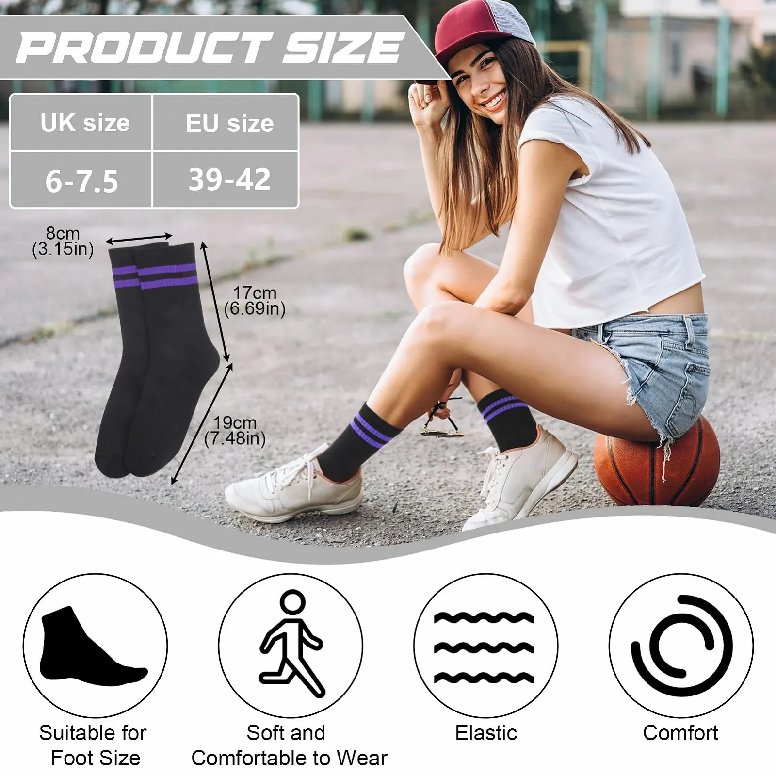 Женские теннисные носки 6 пар Черный Полосатый 39-42, фото №2