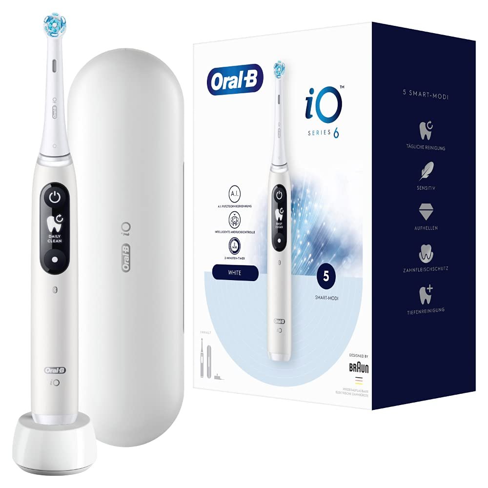 Электрическая зубная щетка Oral-B iO Series 6, 5 режимов чистки, магнитная технология, дисплей и дорожный футляр, белый, фото №1