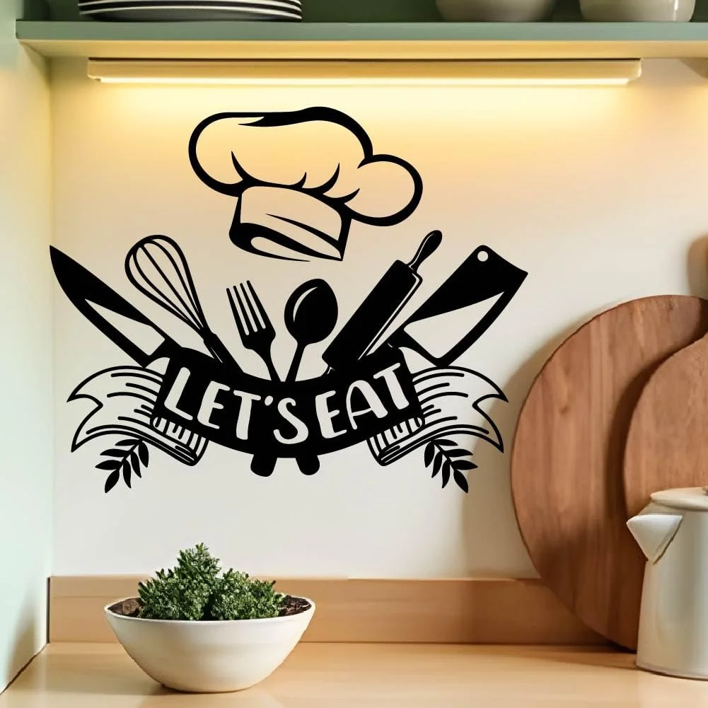 Наклейка на стіну SUPERDANT Let's Eat вінілова з кухонним приладдям 70 x 28 см чорно-біла, фото №1