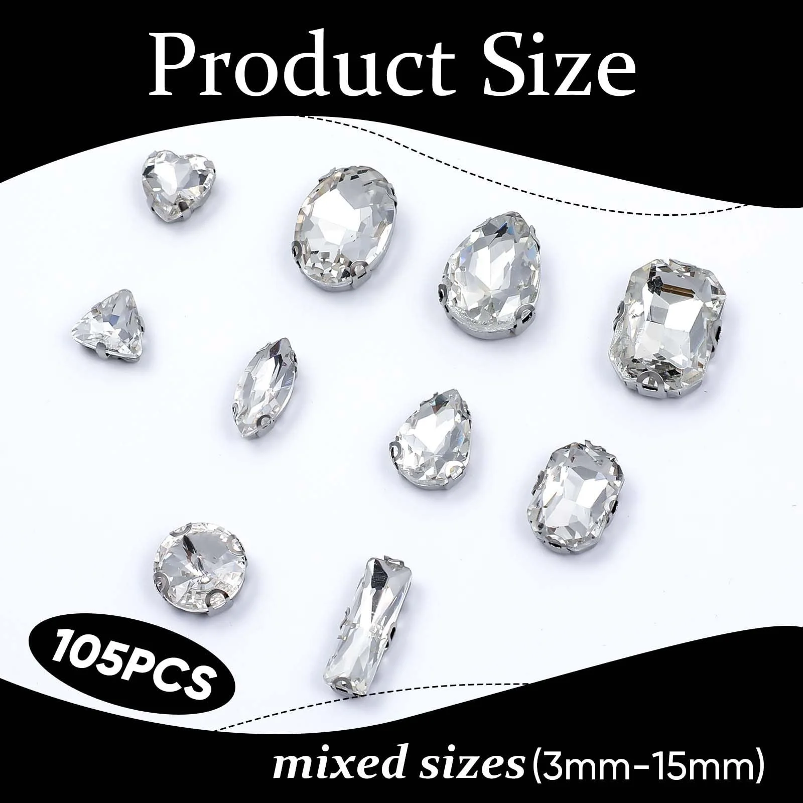 Пришивные стразы Белый 105 штук, микс форм, стеклянные кристаллы, плоская задняя часть, с коготками, для ювелирных изделий, одежды, обуви, фото №3 Пришивные стразы Белый 105 штук, микс форм, стеклянные кристаллы, плоская задняя часть, с коготками, для ювелирных изделий, одежды, обуви, фото №3