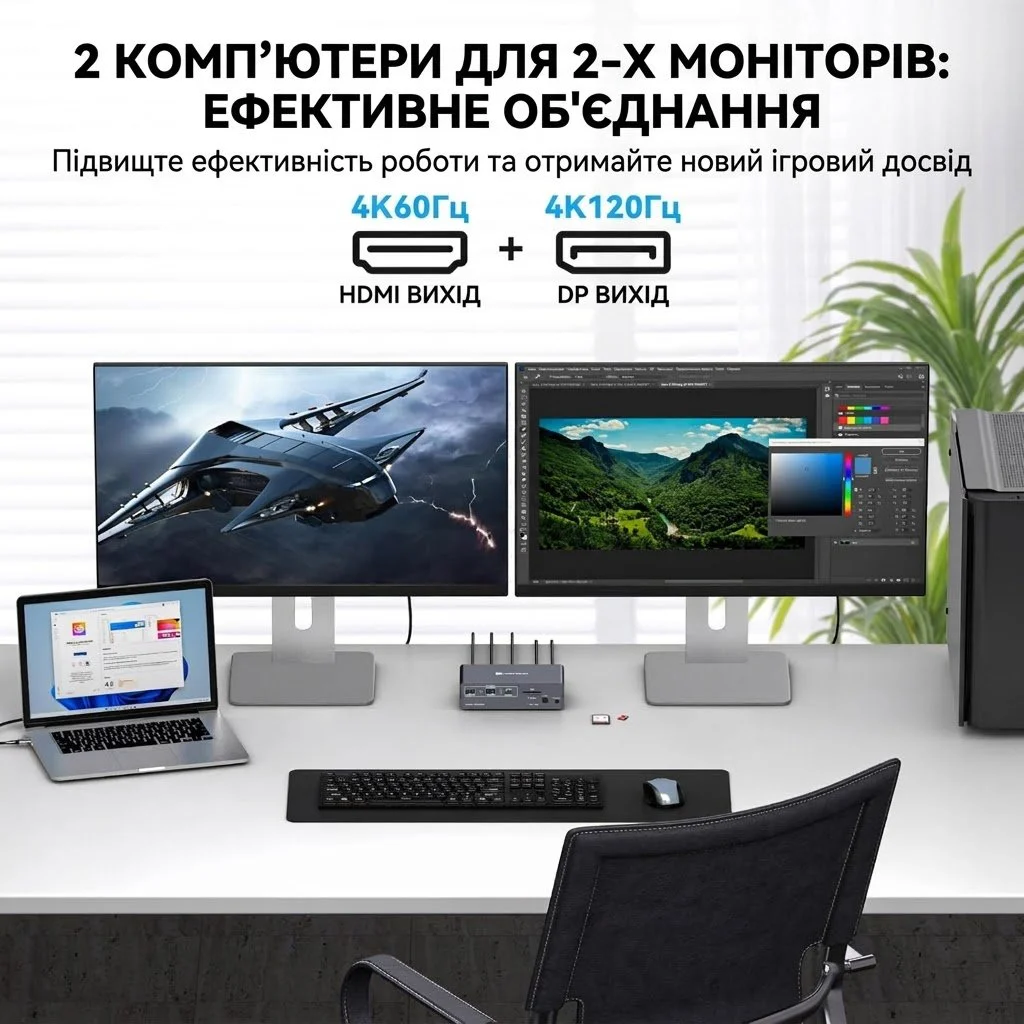 KVM-перемикач TJCXELE 2 PC 2 Monitors / USB-C / HDMI / DisplayPort / 4K 120Hz / 13-in-1, фото №4
