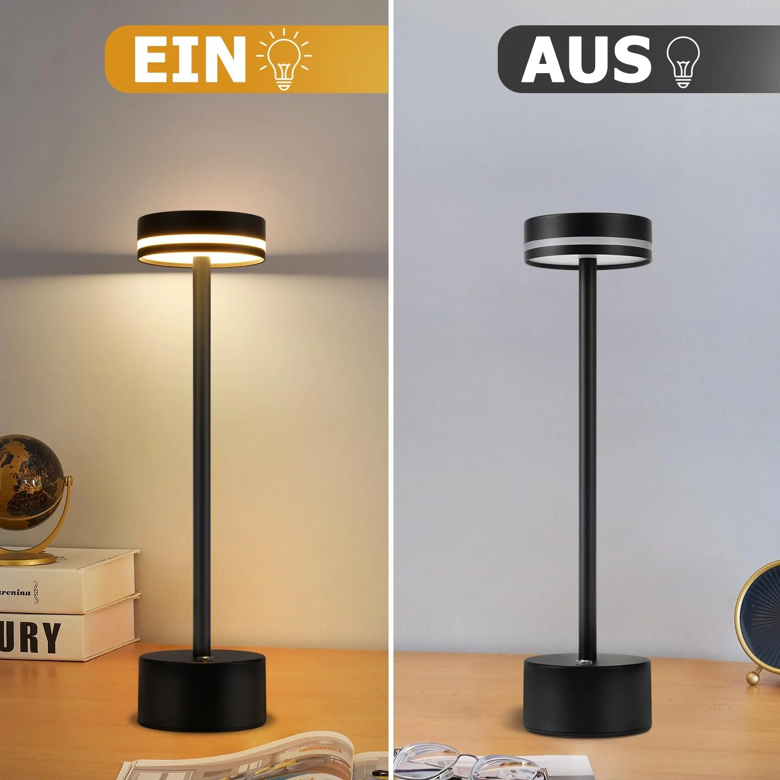 Настільна лампа LED бездротова акумуляторна димована 3000K-6500K USB-C сенсорна Black, фото №7