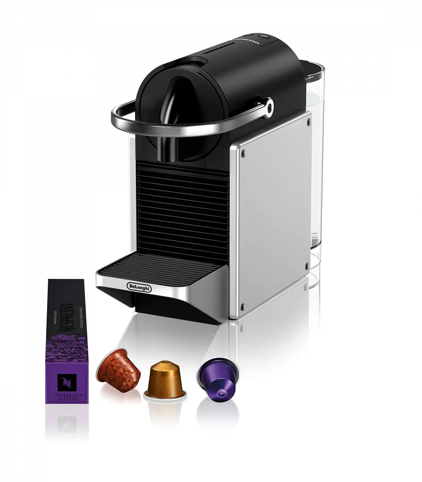 Капсульная кофемашина Nespresso De'Longhi Pixie EN127.S, две кнопки прямого набора, эко-режим, компактный дизайн, система давления 19 бар, 1260 Вт, серебристо/черный, фото №1 Капсульная кофемашина Nespresso De'Longhi Pixie EN127.S, две кнопки прямого набора, эко-режим, компактный дизайн, система давления 19 бар, 1260 Вт, серебристо/черный, фото №1