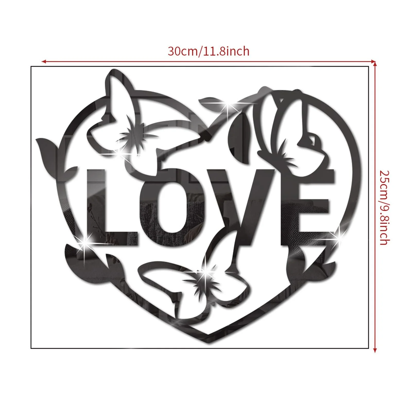 Дзеркальна наклейка на стіну Love Heart Butterfly 3D Вініл Чорний, фото №7