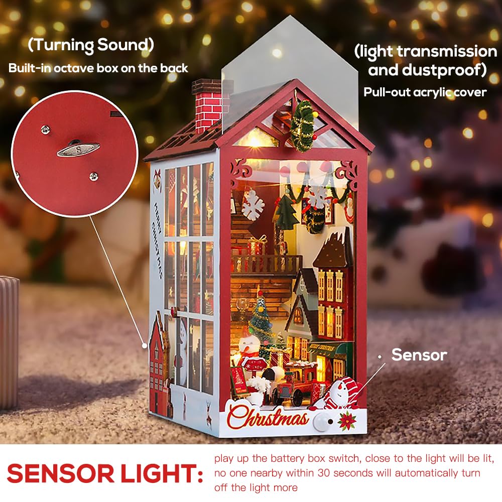 Набор KUWUNG DIY Book Nook с музыкой, миниатюрный кукольный домик с LED-подсветкой и мебелью, 3D пазл новогодний уголок, фото №4