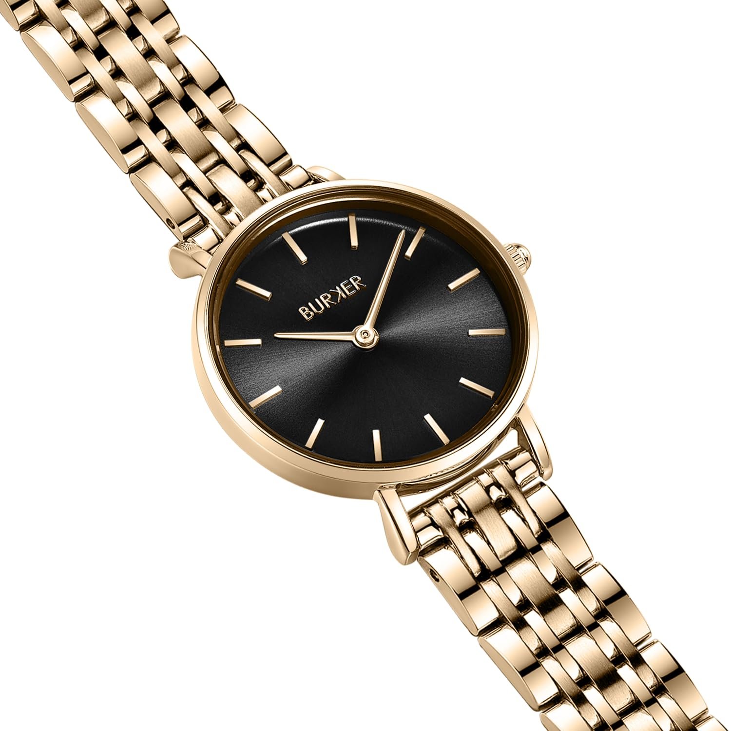 Женские часы BURKER Ruby Petite, круглые, аналоговые, водонепроницаемые 3 ATM, золото-черные, 28 мм, фото №2