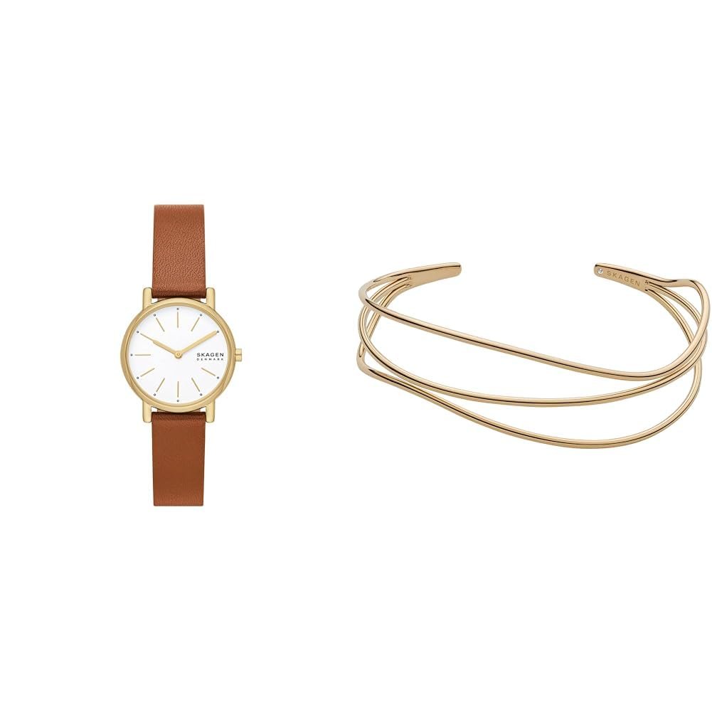 Жіночий годинник Skagen Signatur Lille Шкіряний коричневий та Kariana Золотистий нержавіюча сталь Браслет, Набір, фото №1