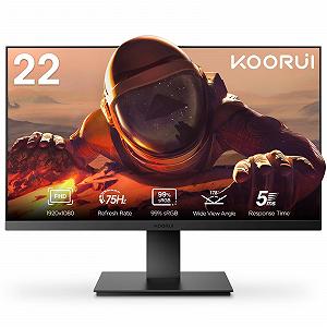 Монитор KOORUI Бизнес Компьютерный 22 дюйма настольный игровой FHD 1080p 75 Гц Eye Comfort sRGB 99% черный - Фото 1
