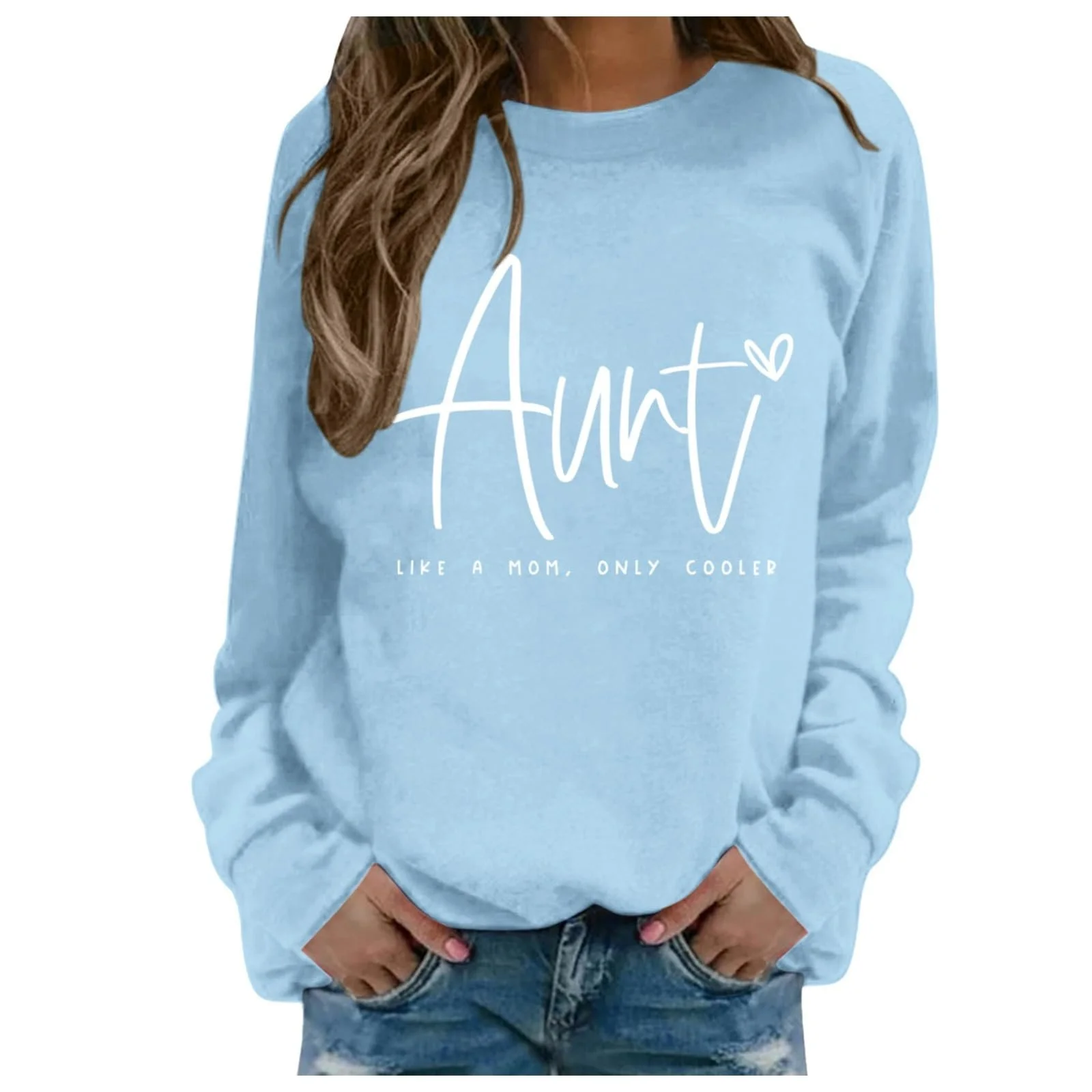 Женский свитшот с длинными рукавами, круглым вырезом и принтом в виде сердца "Auntie Heart" от Tante с буквенным принтом, графические рубашки, пуловеры Морской пуловер, фото №1