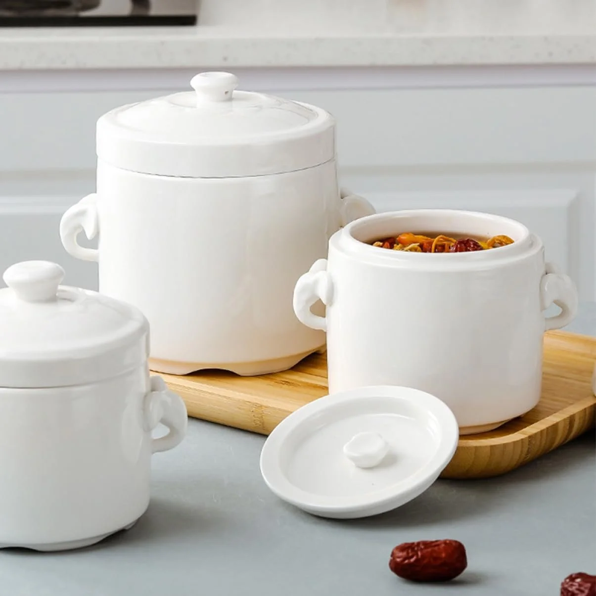 Керамічна Гусятниця для запікання з кришкою Термостійка для супів та десертів Біла, фото №5