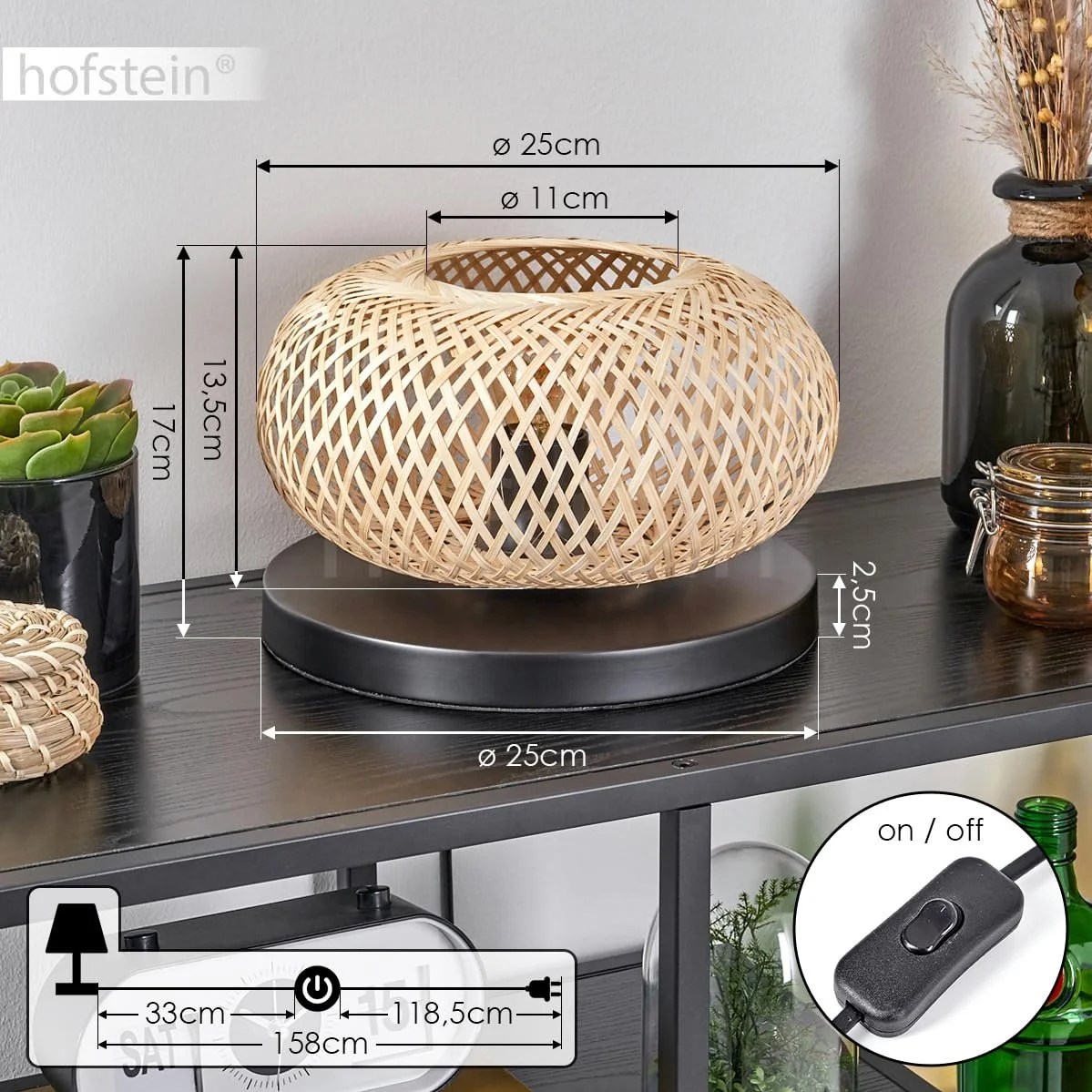 Настільна лампа Bauro Metal/Bamboo Boho Design 25 см E27 Чорний/Натуральний, фото №5