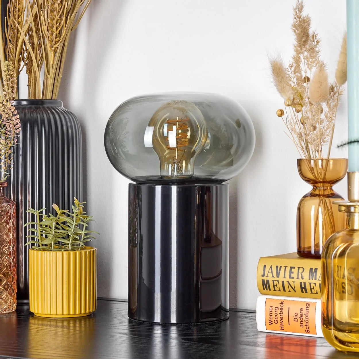 Настільна лампа Tati сучасна метал/скло ретро/вінтаж 15 см висота 22 см вимикач на кабелі 1 x E27 чорна/димчаста, фото №3