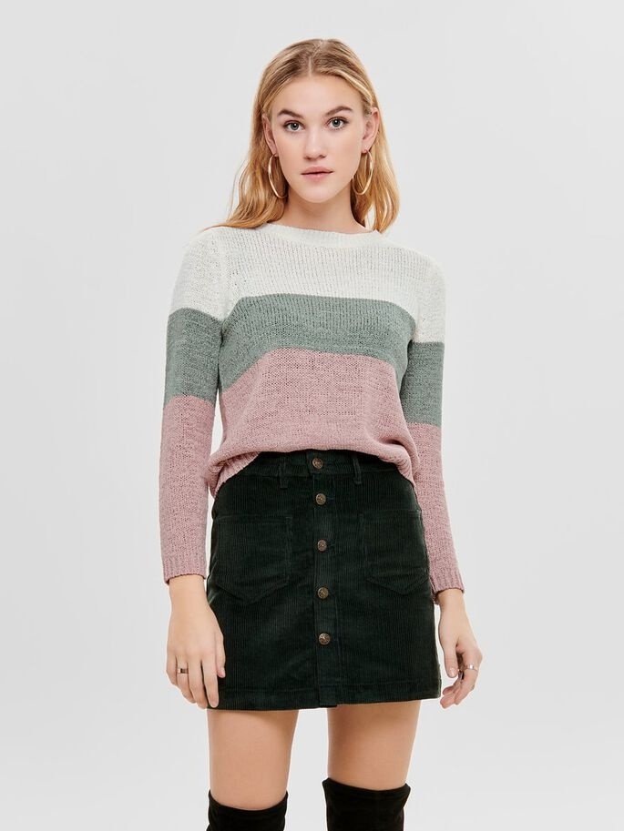 Пуловер ONLGEENA L/S BLOCK PULLOVER KNT NOOS 15161415-Cloud Dancer-Stripes:W. CHINOIS GREEN/ROS ONLY L, фото №1