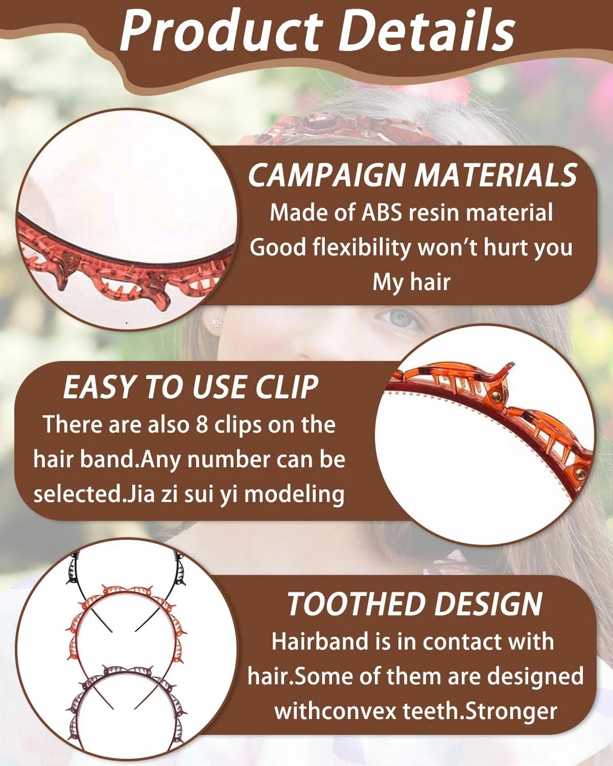 Набір з 3 обручів для волосся з затискачами, фото №3