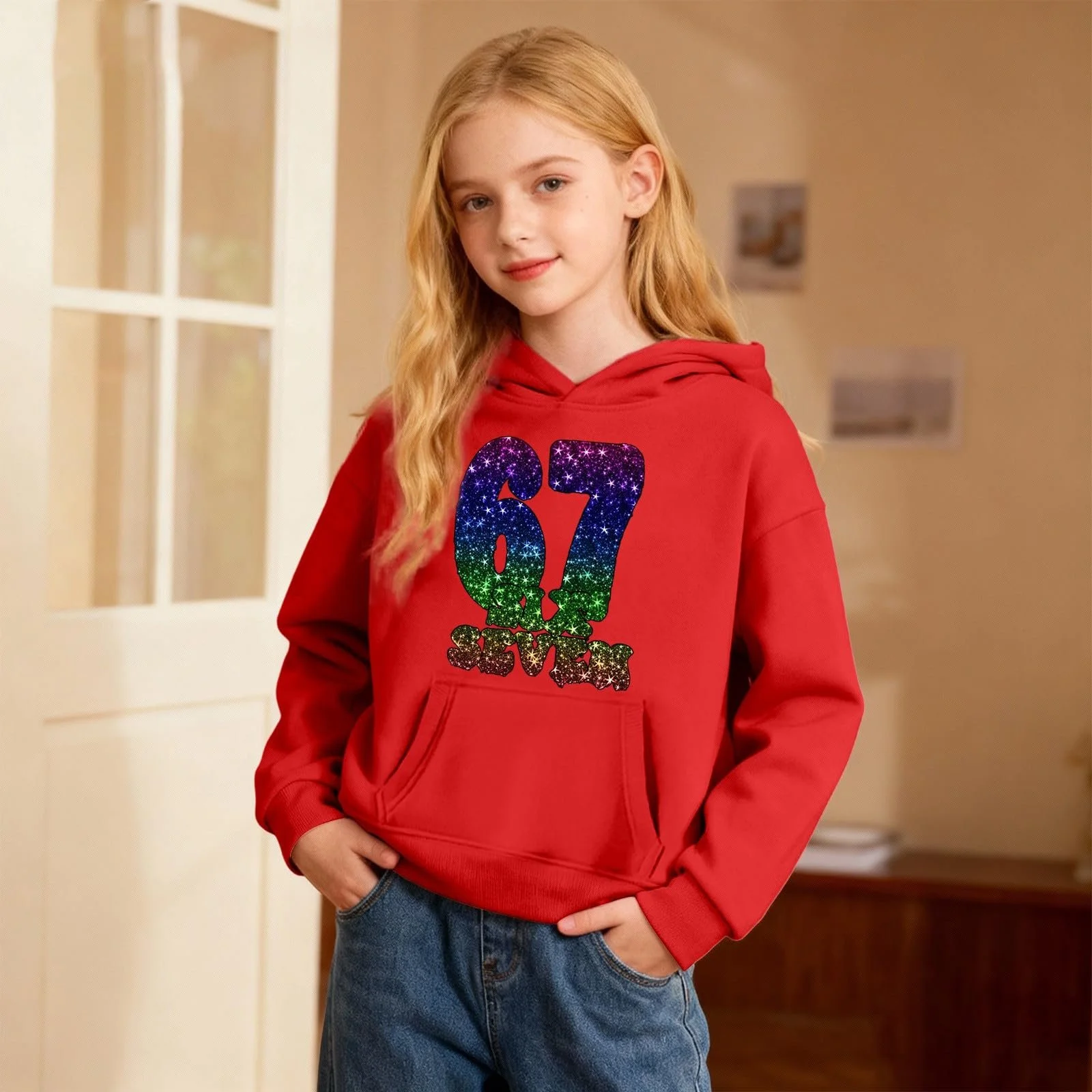 Детский пуловер 67 с капюшоном с карнавальным узором, мягкий флисовый, с карманами, размер 140, фото №3