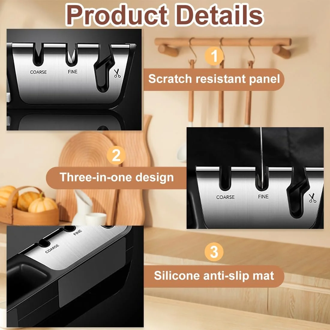 Точило для ножів ручне 3-ступеневе ергономічне з нековзною основою, фото №3