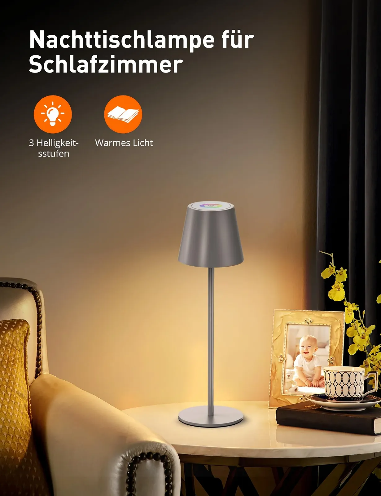 Світлодіодна настільна лампа Sympa бездротова вулична сенсорна RGB сіра, фото №6