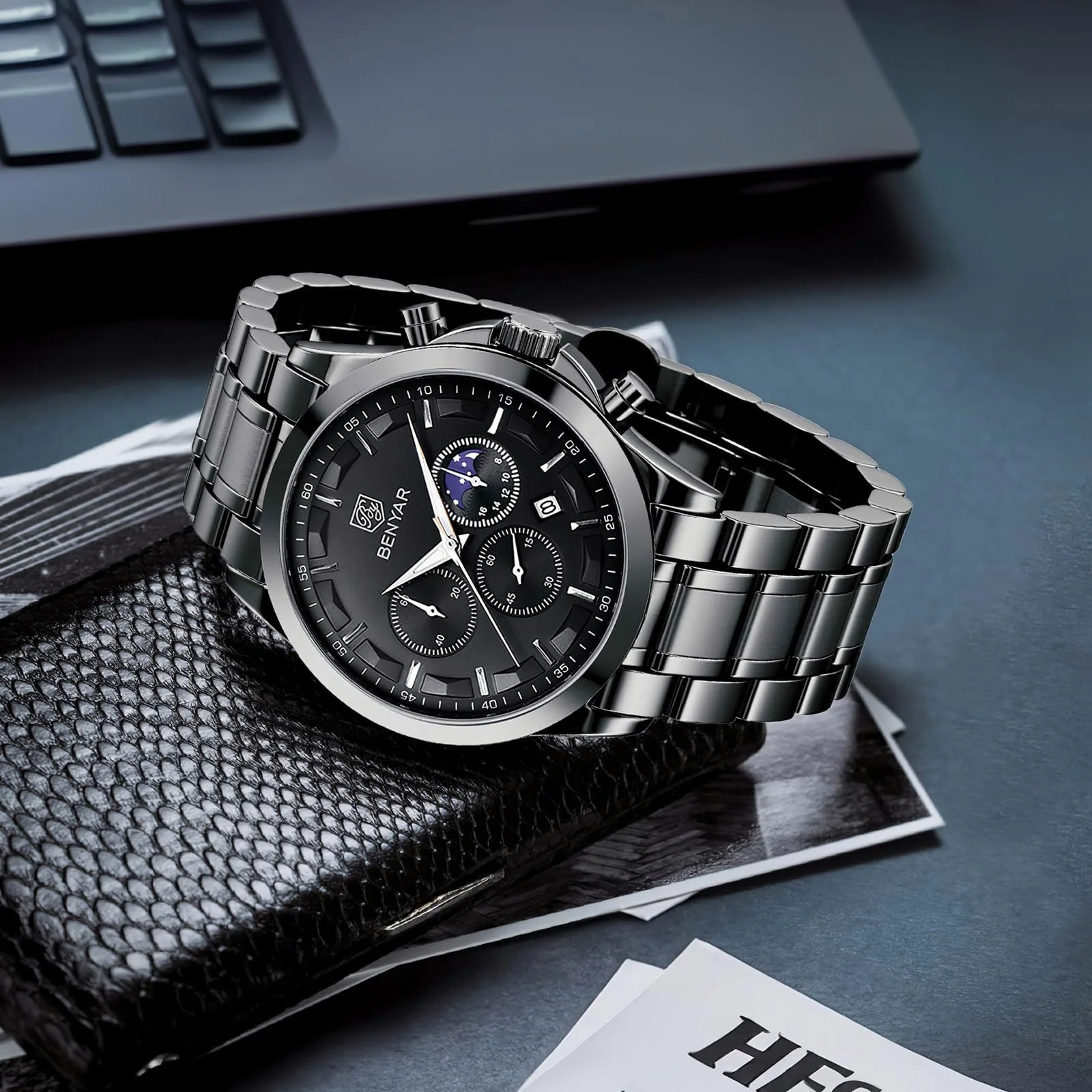 Годинник Benyar Chronograph Analog Quartz Waterproof Date Business Dress Elegant Gift for Men, фото №4