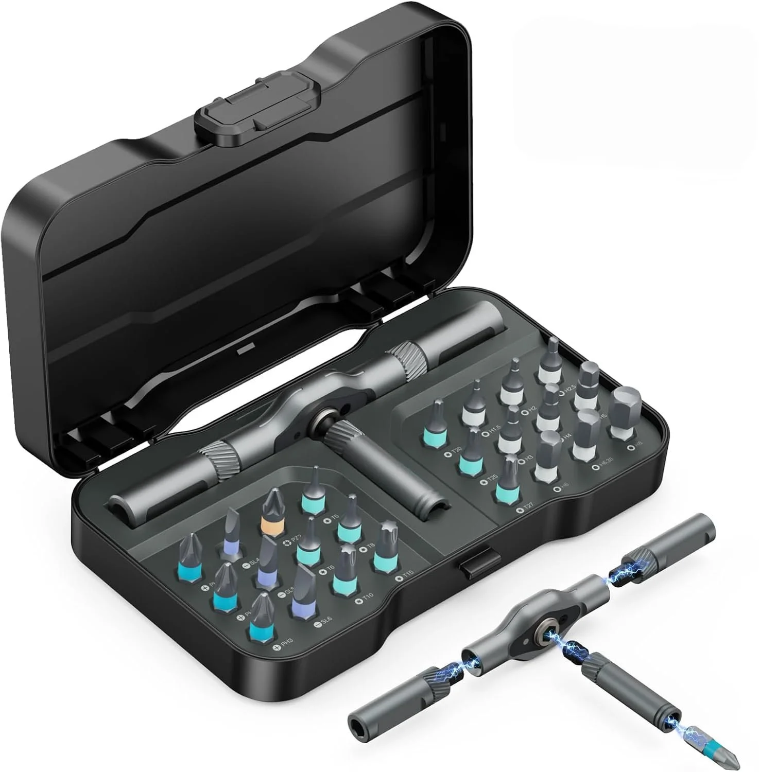 Набір прецизійних викруток ORIA 25-в-1 Магнітний, з тріскачкою, біти S2, Т-подібна ручка, фото №1