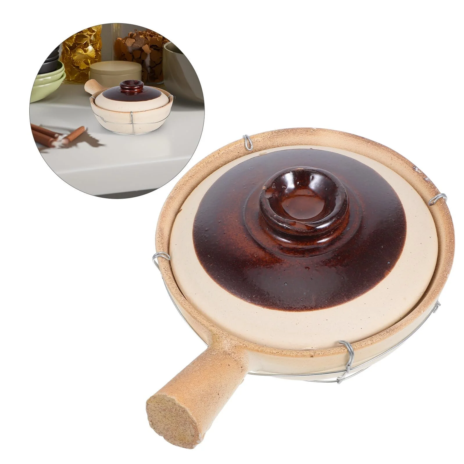 Горшок для запекания керамический с ручкой и железной проволокой для риса и супов, фото №8