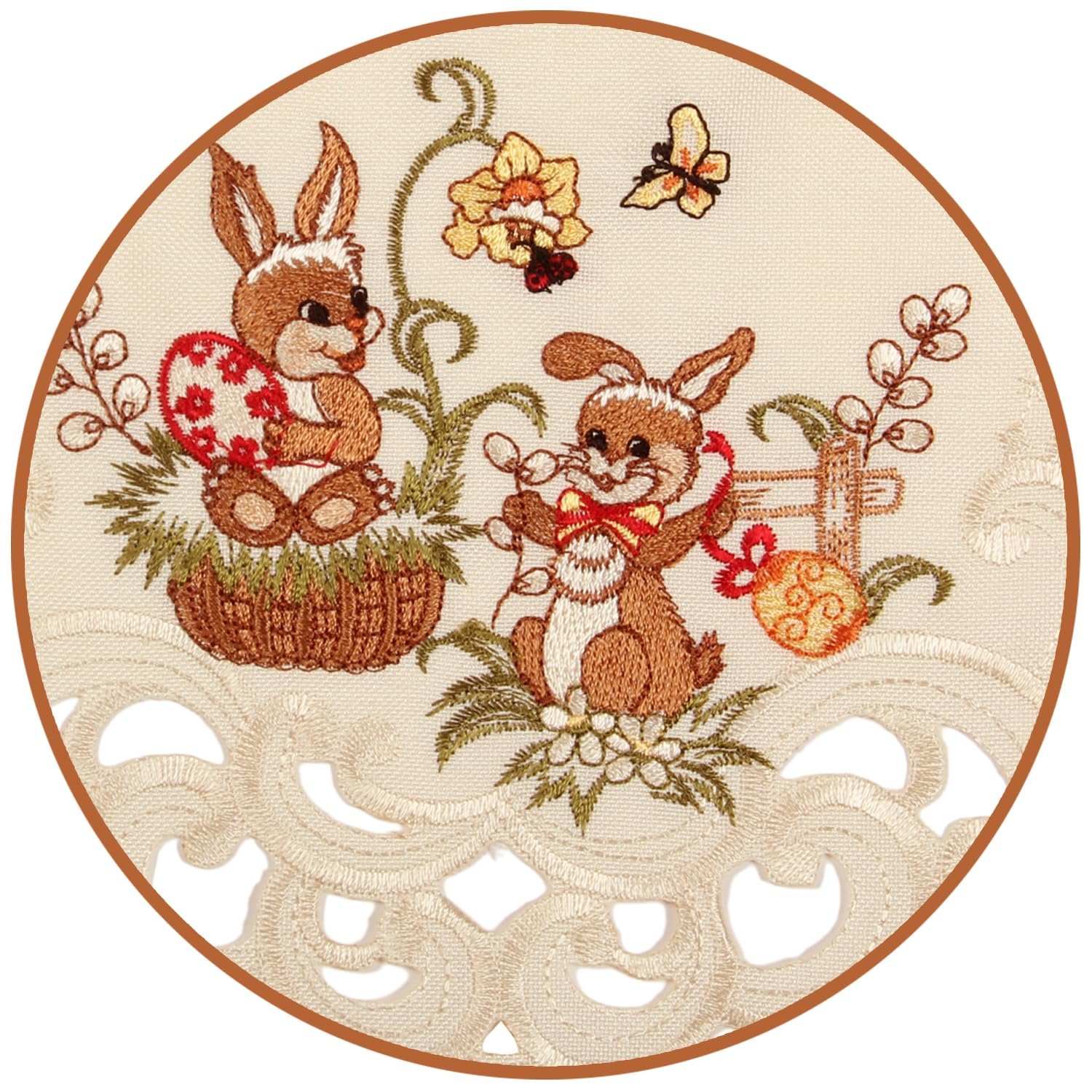 Скатертина Easter Bunny Easter Eggs Embroidery 85 x 85 см Ecru Cream Linen Look Polyester, фото №5