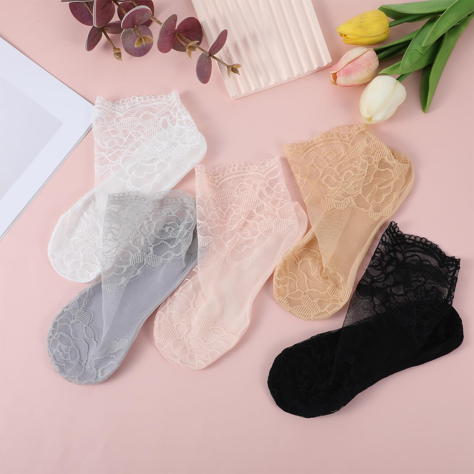 Носки Женские Кружевные Разноцветные Прозрачные Кружевные Носки из Тюля Тонкие Нейлоновые Носки Короткие Носки Сетчатые Летние Носки Белый + Серый + Розовый + Черный + Бежевый, Черный, белый, фото №4