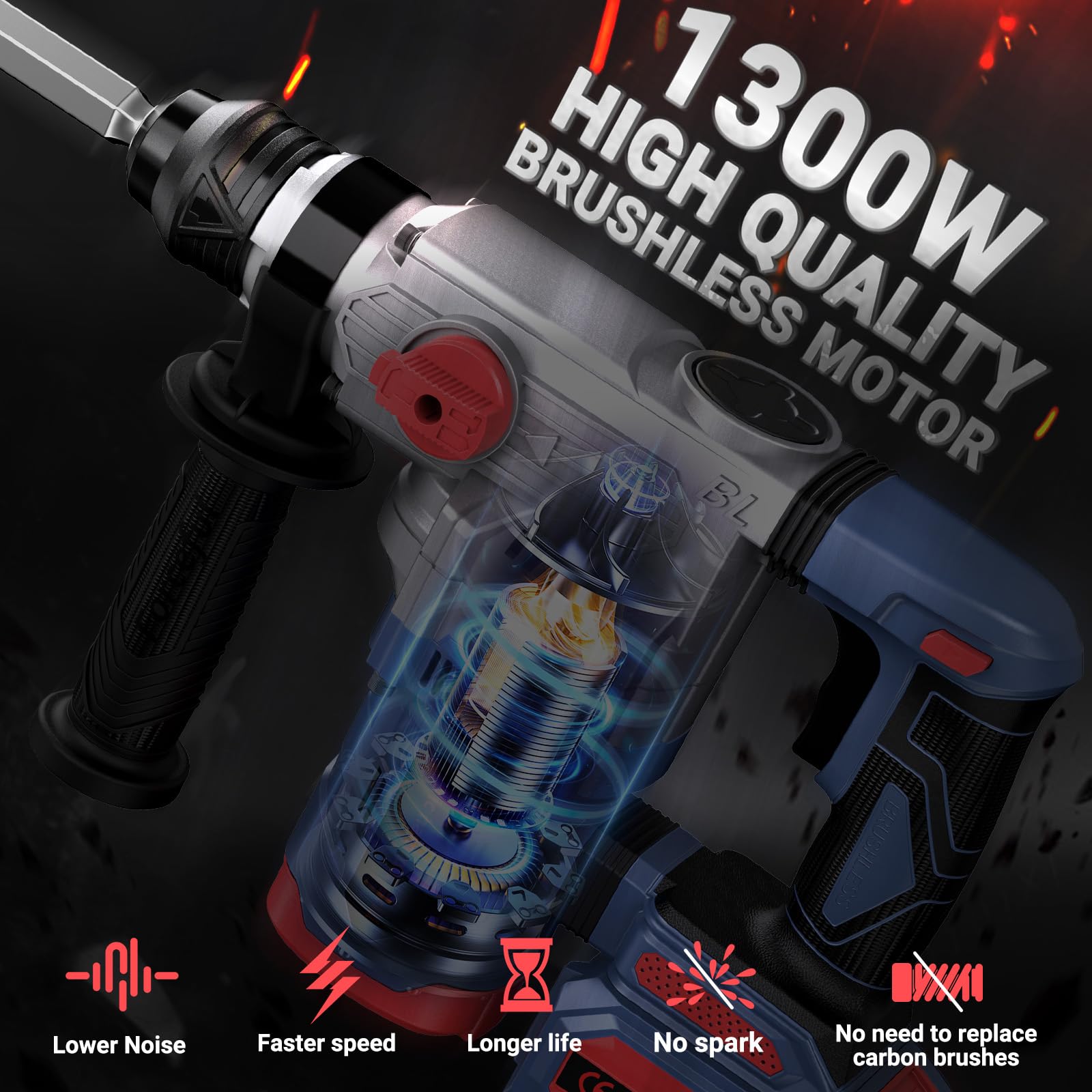 Электрическая Аккумуляторная Дрель Молоток Professional Бесщеточный Мотор SDS Plus 2.3J Антивибрационная Ручка, фото №3