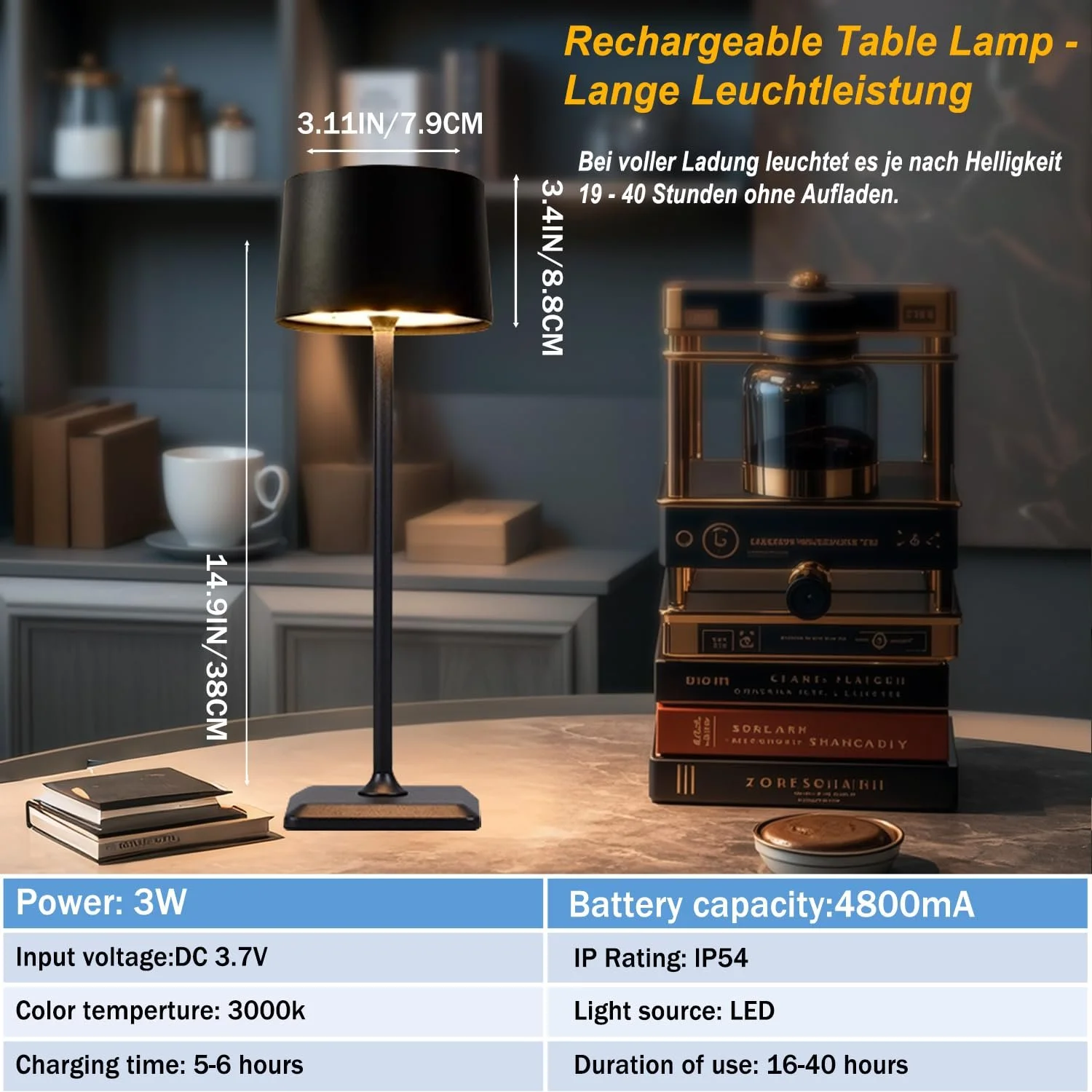 Настільна лампа LED Акумуляторна Бездротова RGB Сенсорна Метал IP54 Чорна, фото №3