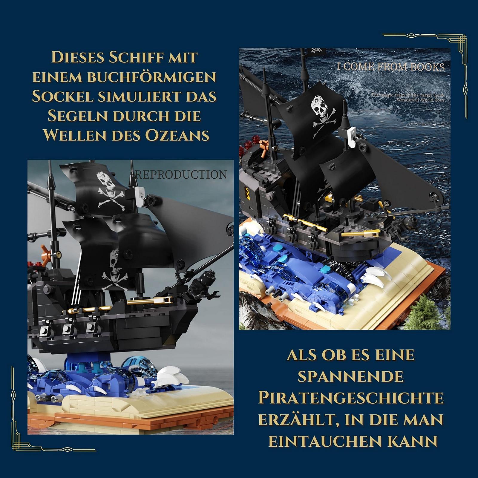 Черный пиратский корабль из блоков Magic Book Pirate Ship, темная миражная модель, 919 деталей, фото №4
