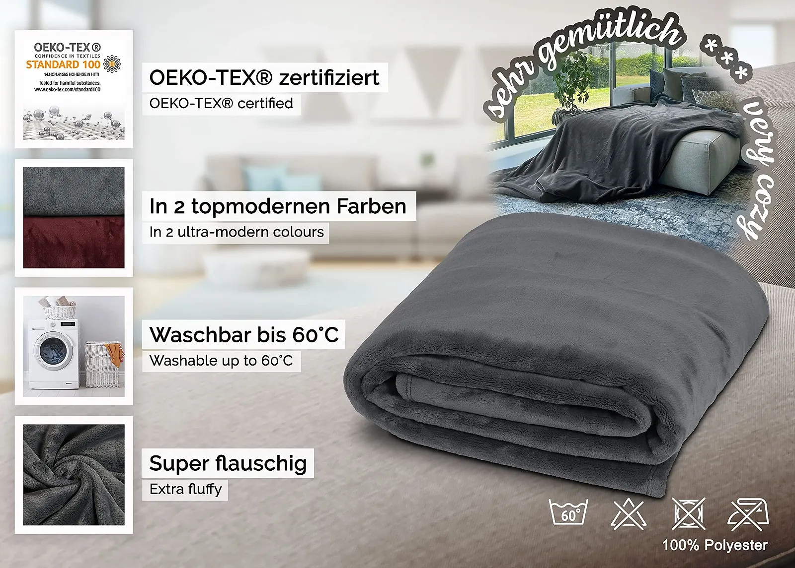 Одеяло ZOLLNER Мягкое 150 x 200 см Серое, фото №3