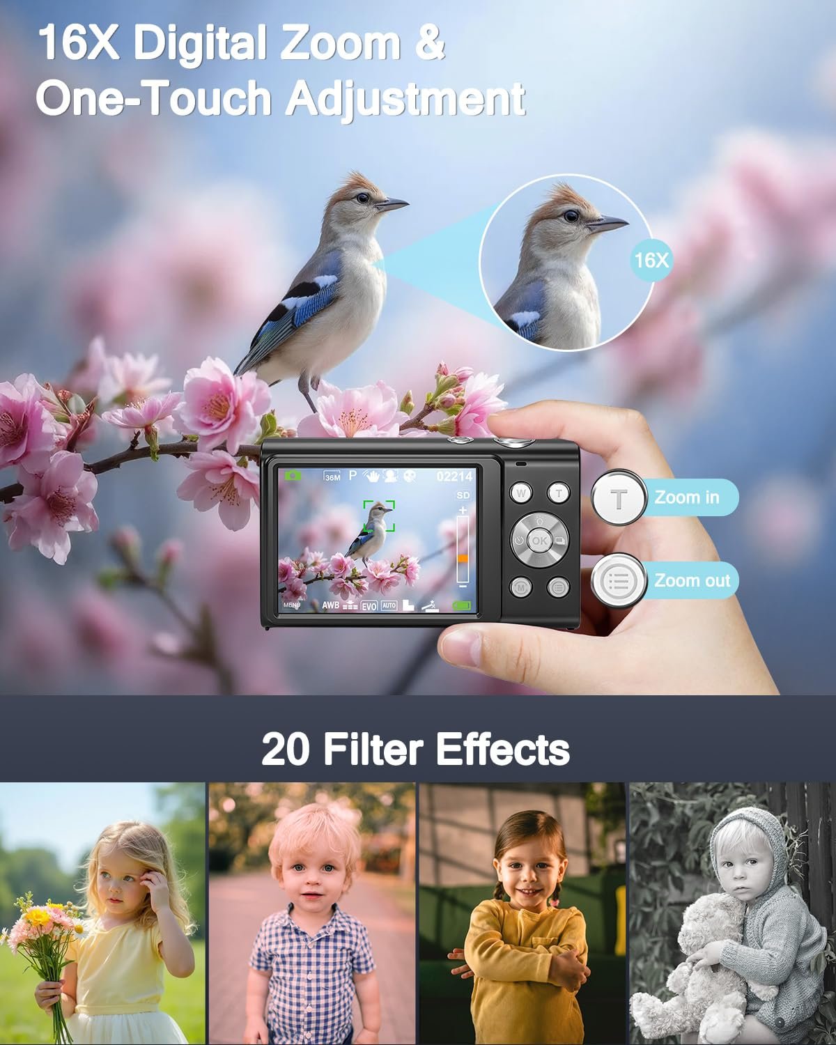 Цифровой фотоаппарат 4K Brand 48MP с автофокусом, карта 32 ГБ, 16-кратный цифровой зум, компактный, 2 аккумулятора, для начинающих, фото №4