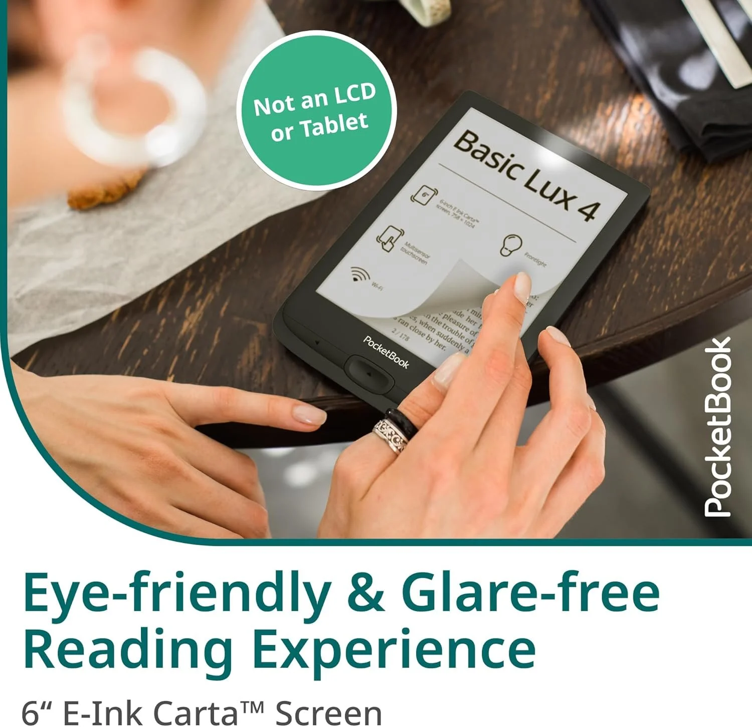 Електронна книга 6"  Basic Lux 4 / 8ГБ / Wi-Fi / SD слот / сенсорний E-Ink екран (758 × 1024) / Настроювана яскравість / Динаміки / Чорний (PB618-P-WW), фото №2