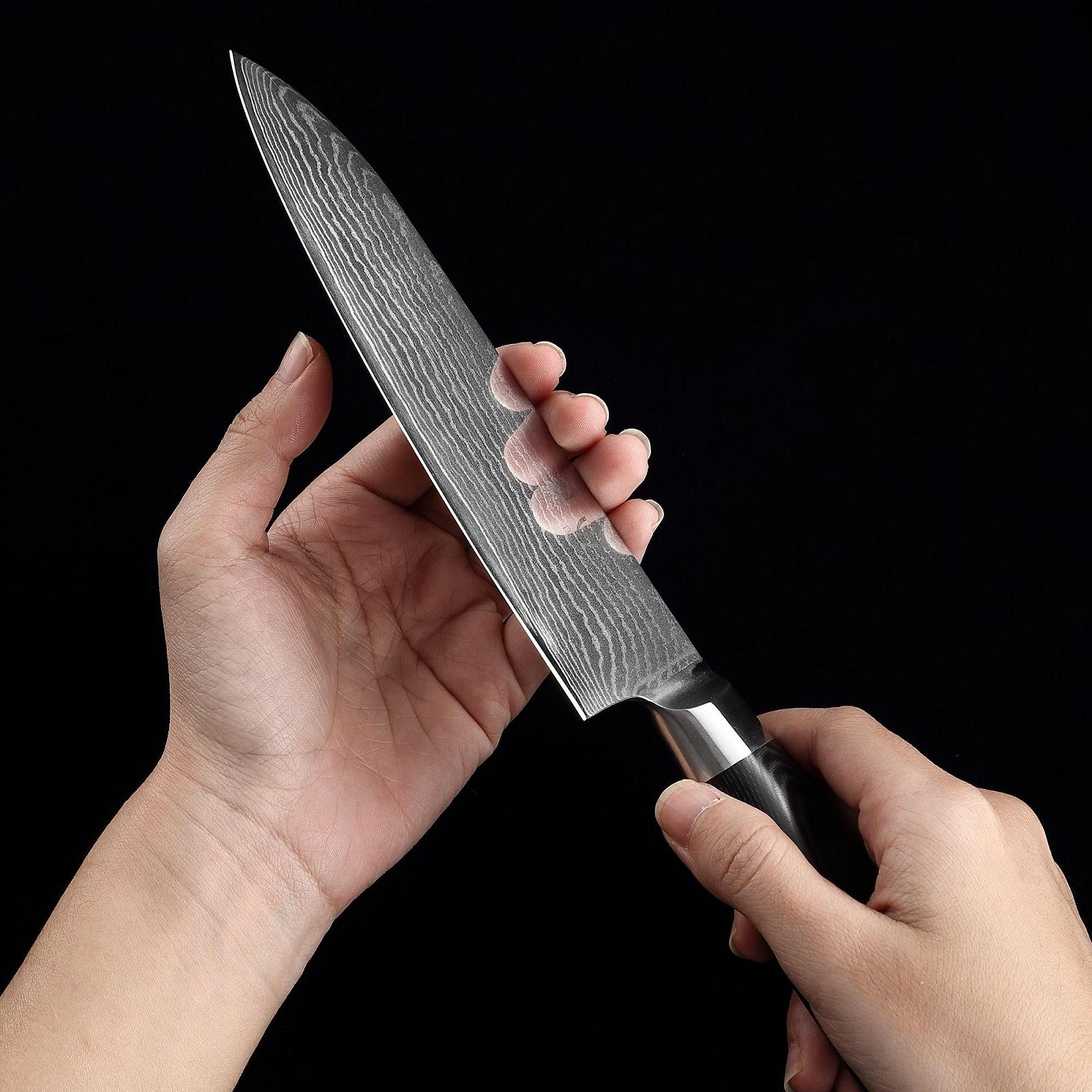 Набор кухонных ножей Wakoli Damascus, 3 предмета, дамасская сталь 67 слоев с сердцевиной VG10, лезвия 8 см, 12 см и 17 см, рукоятка Micarta, фото №6