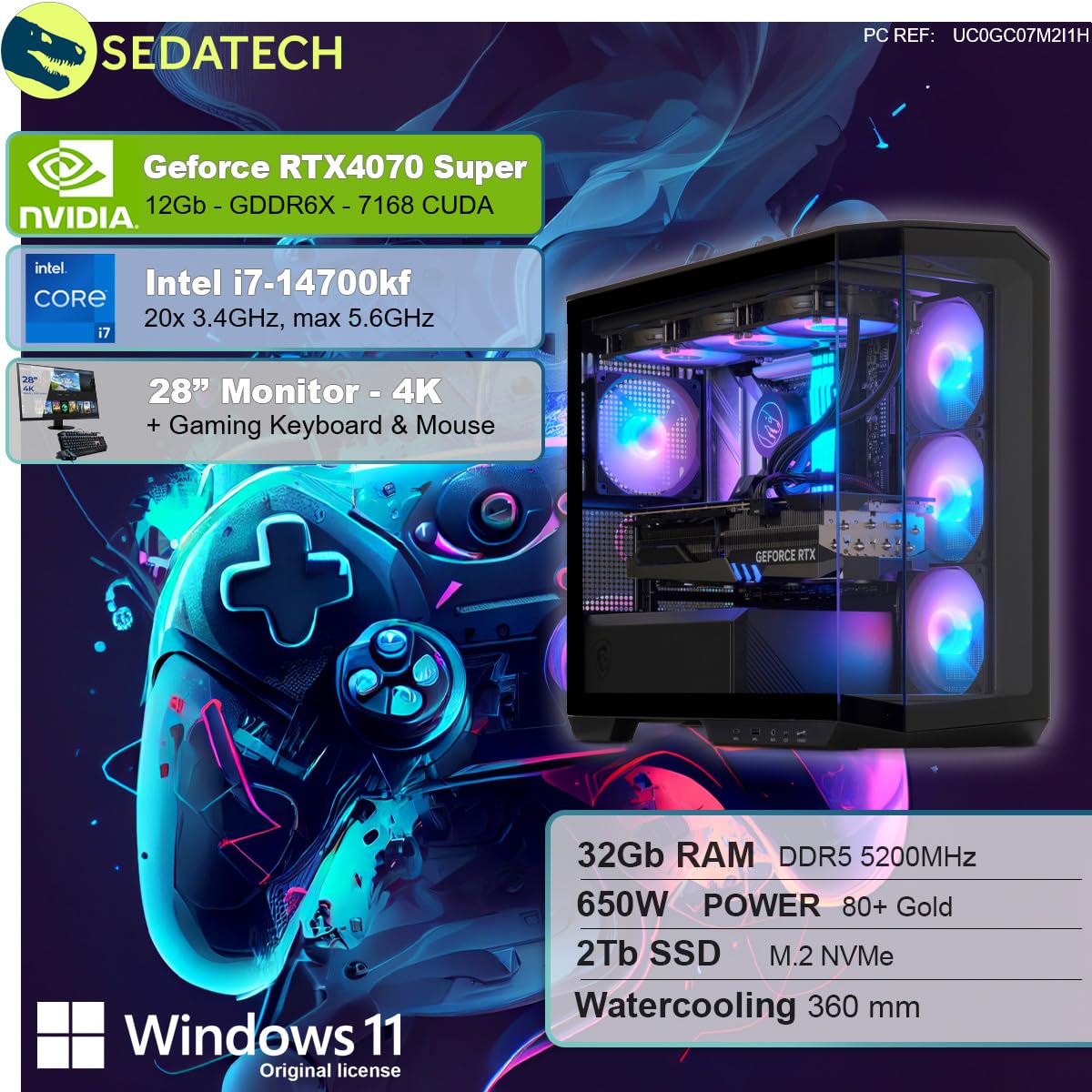 Пакет Sedatech Advanced Gaming PC Intel i7-14700KF RTX4070 Super 32GB 2TB Win 11 Монітор 28 Дюймів, фото №2