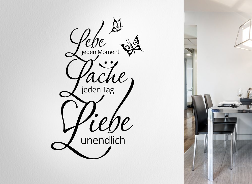 Наклейка на стіну Grandora W892 Цитата "Lebe... Lache... Liebe..." з метеликами та квітами 58 x 89 см Чорний, фото №2