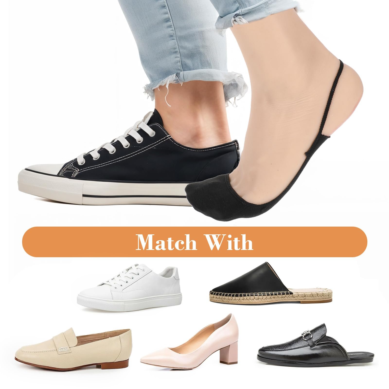 Носки-следки Женские M Черный, Телесный, Телесный + черный, 4/6 пары, фото №6