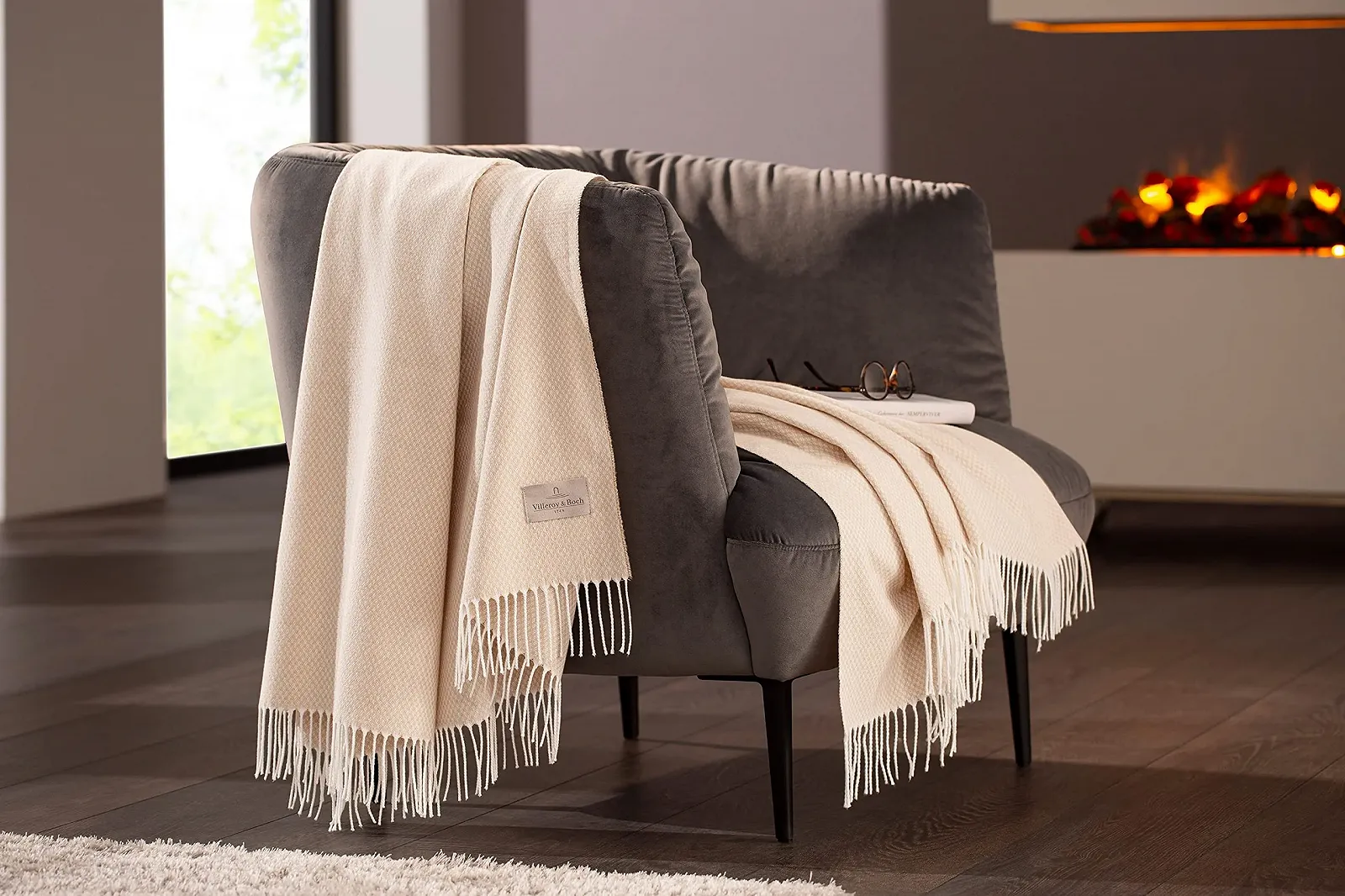 Плед Villeroy & Boch Narama Indian Summer Fringe, легкое одеяло из хлопковой смеси, бежевый плед 140 x 190 см, Oeko-Tex, плед с бахромой и едва заметным текстурированным узором, фото №3