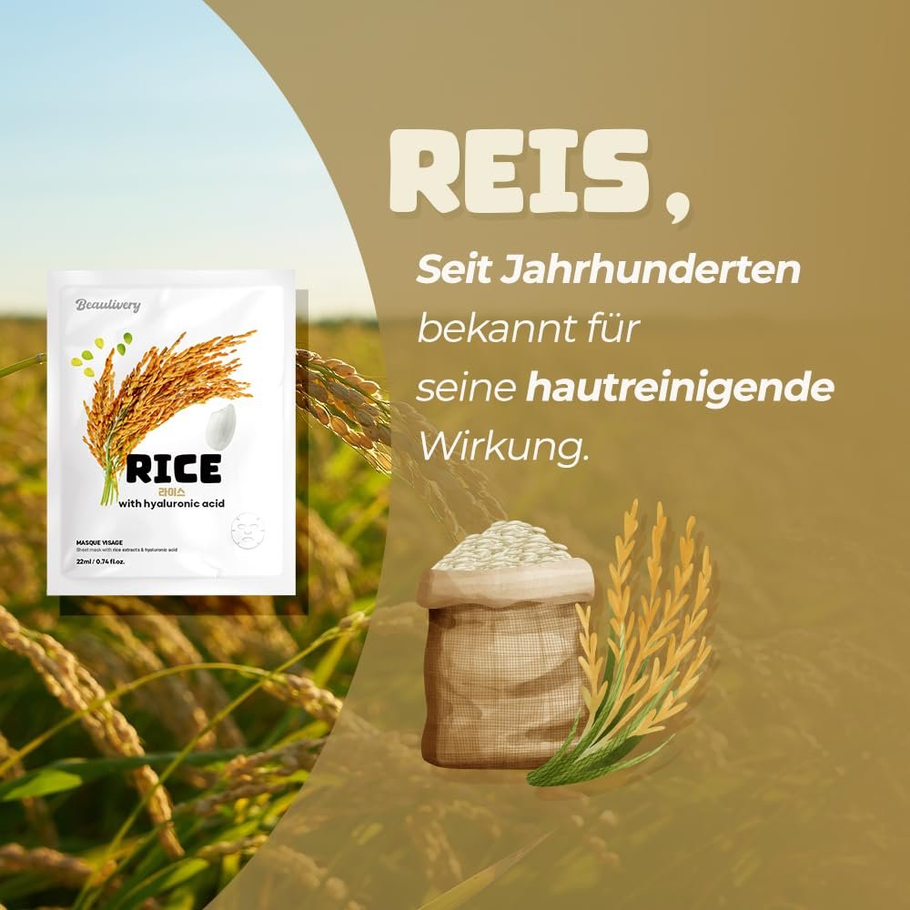 Тканинна маска для обличчя Beaulivery Rice з гіалуроновою кислотою, набір з 10 шт, фото №8