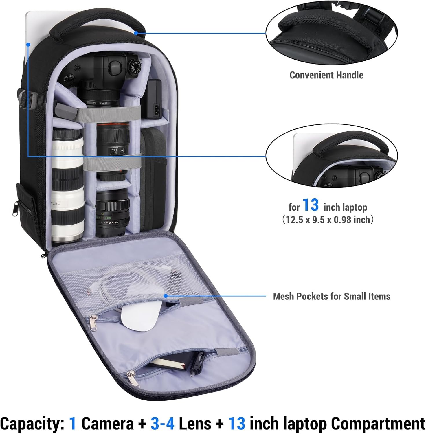 Рюкзак для камеры MOSISO DSLR/SLR/беззеркальных фотоаппаратов / совместимый с Canon/Nikon/Sony / Черный, фото №4