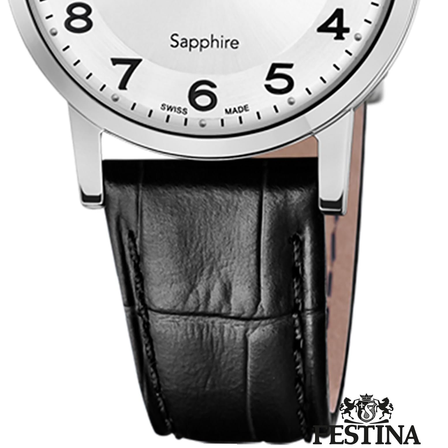 Жіночий годинник Festina Swiss Made F20013/5 Сріблястий корпус з нержавіючої сталі Чорний шкіряний ремінець, Білий, Ремінець., фото №3
