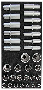 Ассортимент для инструментальной тележки SW-Stahl, головки торцевые 1/2", 12-гранные, 32 предмета - Фото 1