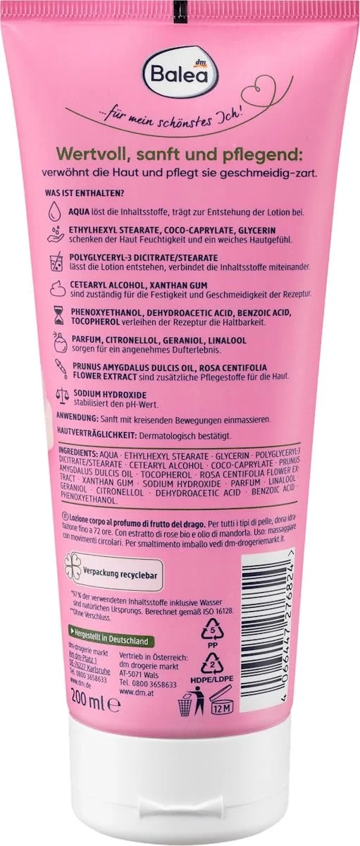 Набір для догляду за шкірою Balea: Парфумований лосьйон 200 мл + лосьйон для тіла Natural Beauty Rose Almond Oil Dragon Fruit 200 мл, фото №7