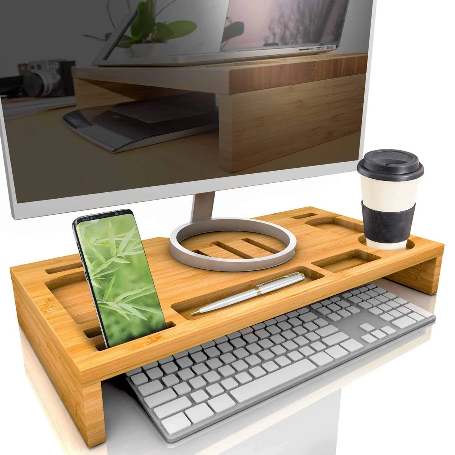 Підставка для монітора Бамбук з місцем для зберігання. Органайзер для столу. Приблизно 60 x 30 x 8.5 см., фото №1
