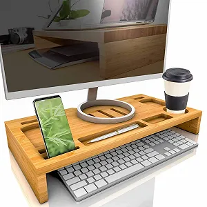 Подставка для монитора Бамбук с местом для хранения. Органайзер для стола. Приблизительно 60 x 30 x 8.5 см. Подставка для экрана ноутбука - Фото 1