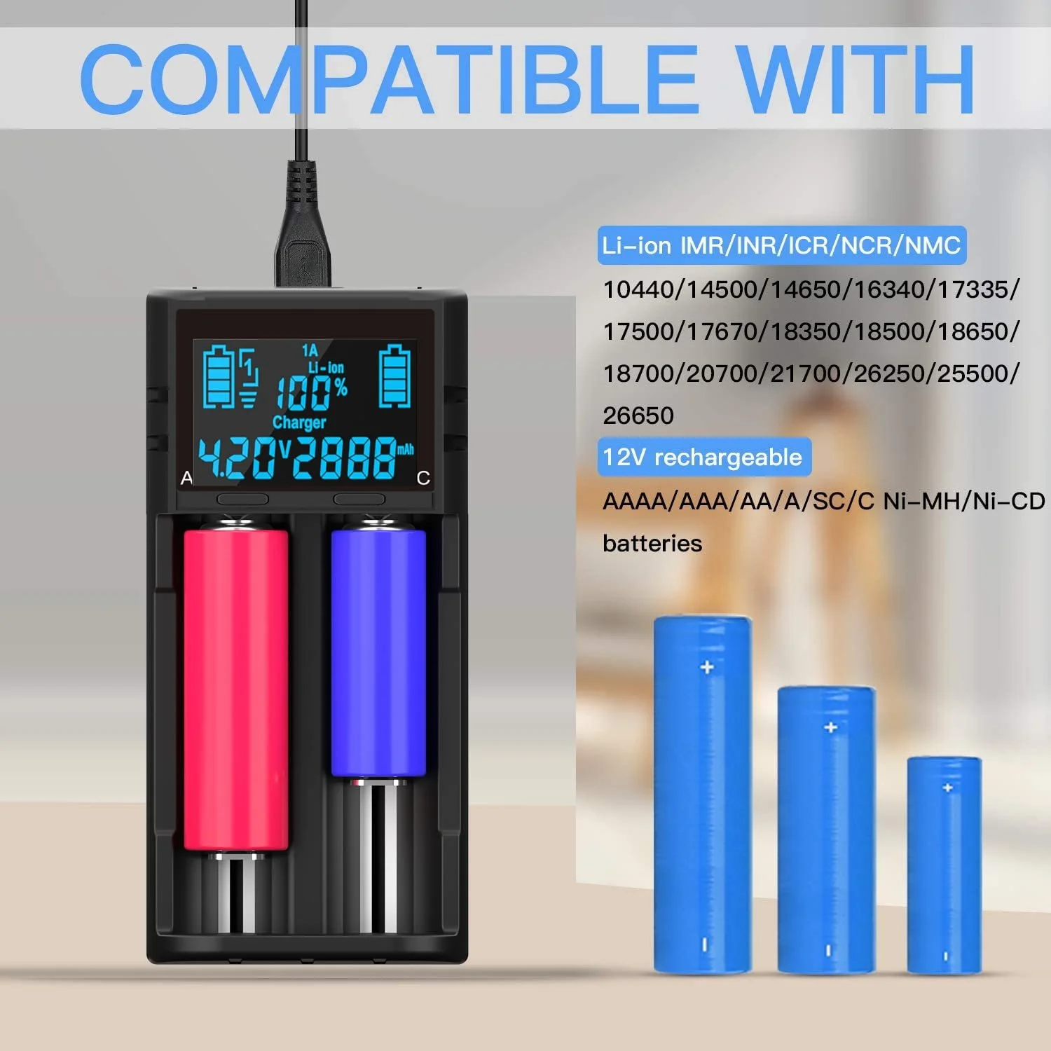 Зарядний пристрій LCD-2 AA 18650 3.7V 1.2V з LCD екраном, відображенням ємності, швидкою зарядкою 2A для Li-ion акумуляторів 26650 21700 18490 18350 17670 17500 16340 14500, RCR123 AA, AAA, N-MH/-Cd AAA, фото №3