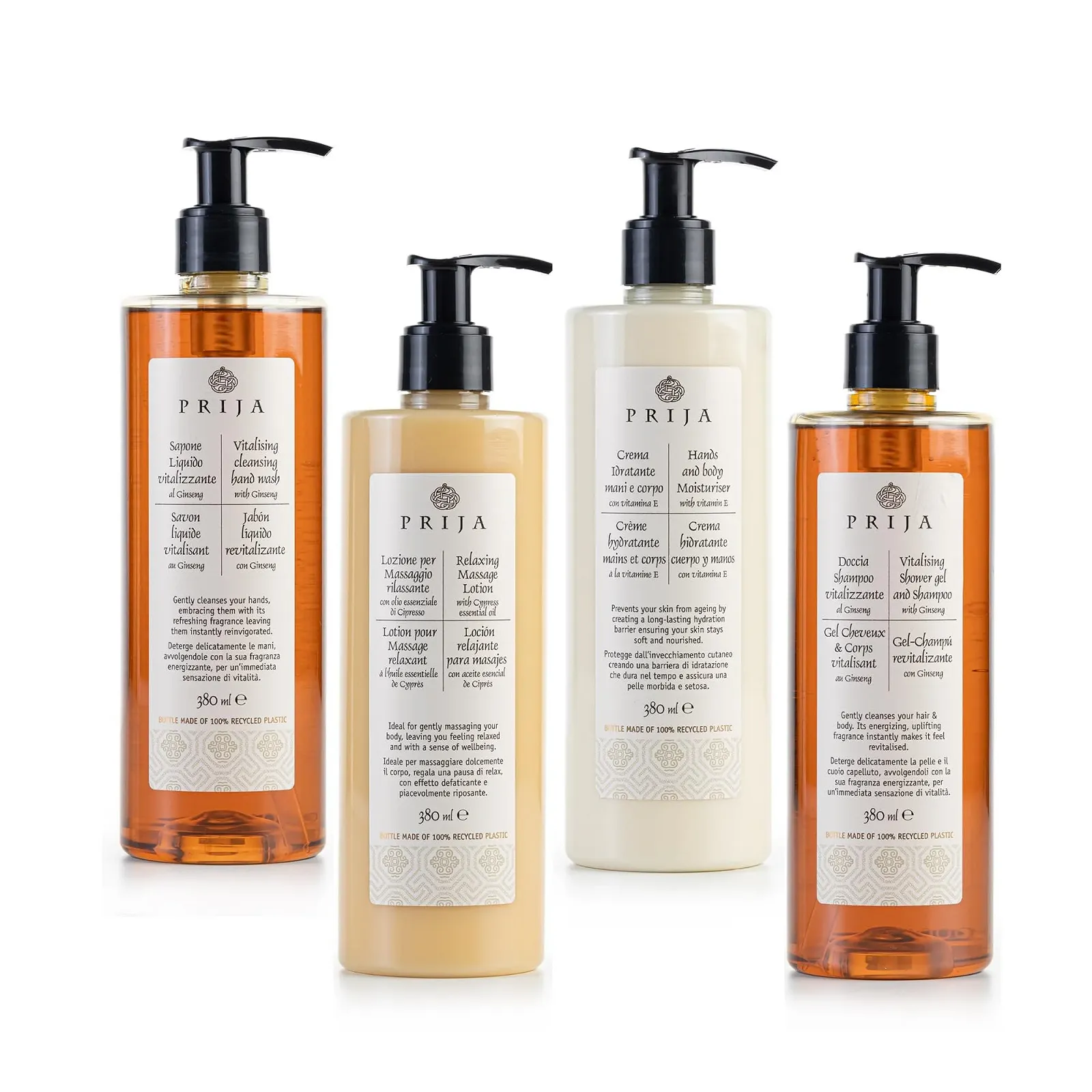 Набор Prija: Восстанавливающее очищающее средство для мытья рук, Расслабляющий лосьон для массажа, Лосьон для рук и тела, Восстанавливающий гель для душа и шампунь 2-в-1, 4 x 380 мл, фото №1