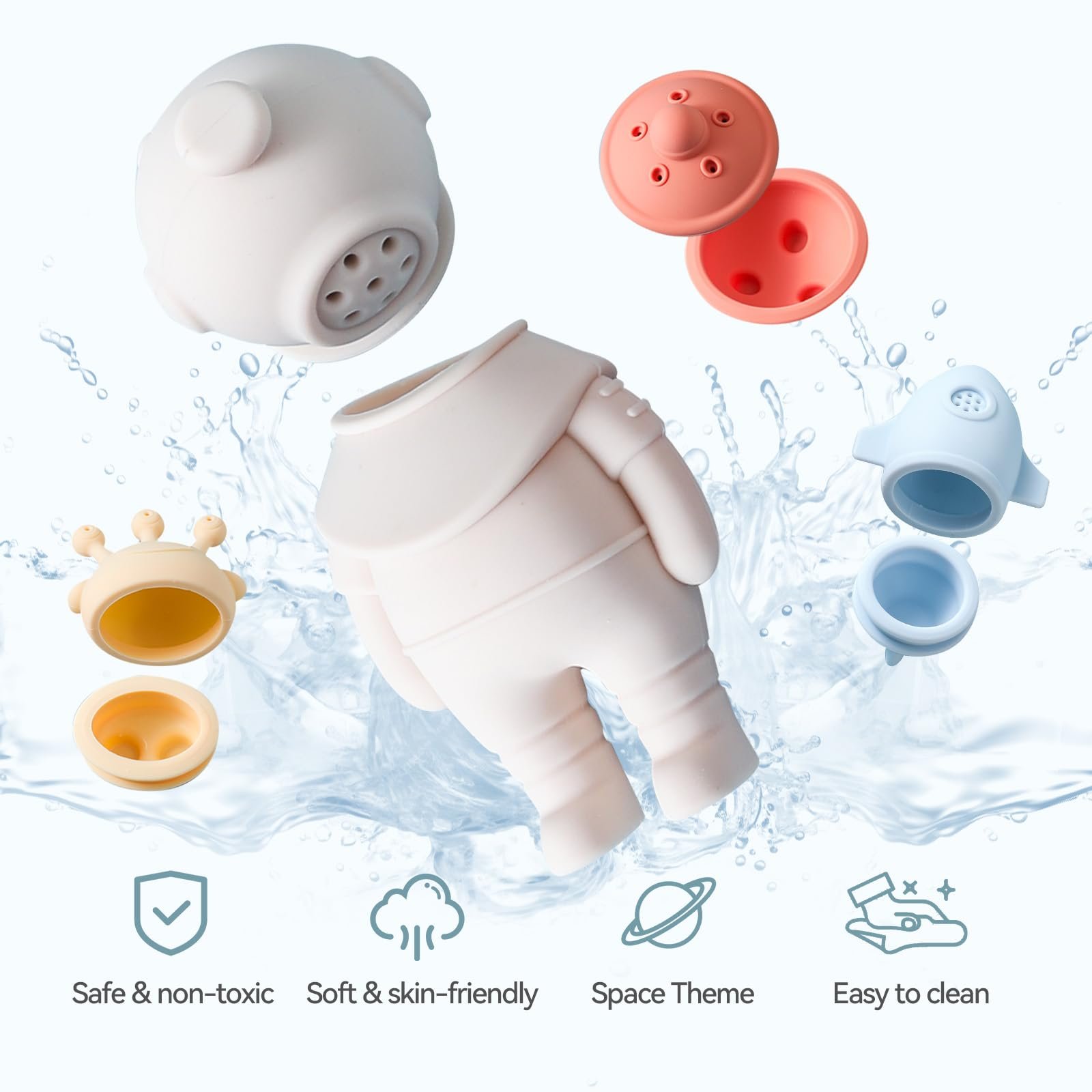 Іграшка для ванни OESSUF Силіконова, 4 штуки: інопланетянин, астронавт, космічний корабель, ракета, фото №2